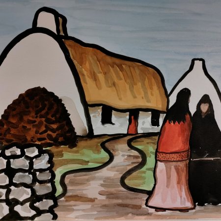 This original watercolor painting depicts 2 ladies in deep conversation in an old island setting. The title, "The News" looks to bring us back in time when news of the day was often received in conversations from casual encounters. Such meetings were all the more important in an island setting. This painting was inspired by the artist's trips to Clare Island in County Mayo off the west coast of Ireland.