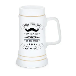 A white beer stein with a mustache graphic and the text: "Happy Father's Day to the best dad in the world" followed by "Connor" in a ribbon design.