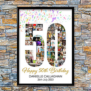 Framed birthday collage on a stone wall with the number "50" filled with photos. Text below says "Happy 50th Birthday, Danielle Callaghan, 26th July 2023." Confetti decorates the top.