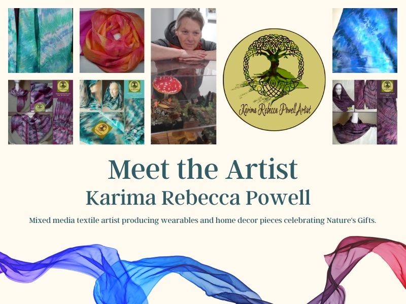 Collage featuring textile art by Karima Rebecca Powell, including colorful scarves and fabric designs inspired by nature. A photo of the artist and a tree logo are also present, with the text "Meet the Artist Karima Rebecca Powell.