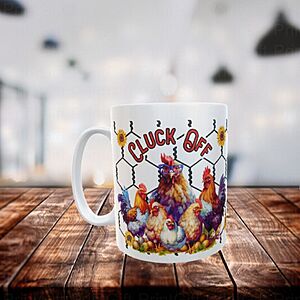 A white mug with an illustration of colorful chickens and roosters, featuring the humorous text "Cluck Off" across the top. The background is a blurred indoor setting, and the mug is placed on a rustic wooden table.