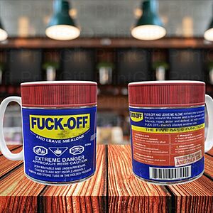 A pair of novelty mugs designed to resemble vintage insecticide cans sit on a wooden table. The text on the mugs includes humorous and exaggerated warnings. The background shows blurred shelves with bottles, suggesting a bar setting.